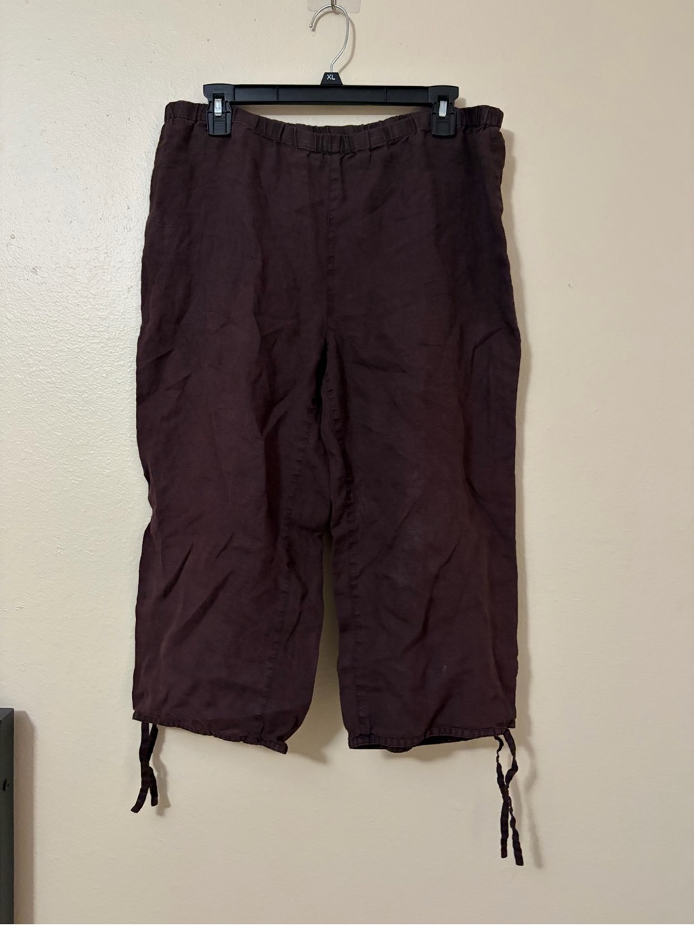 Eileen Fisher Cropped Drawstring 100% Irish Linen Pants in Dark Brown